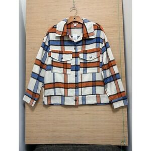 Cato Plaid‎ Shacket Jacket Women Size S Orange Blue White Button Down Pockets